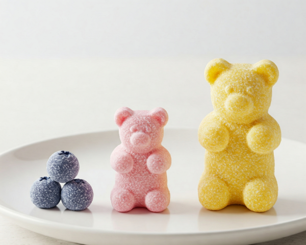 Size Matters-Gummies Across Age Groups Three different sizes of gummy vitamins arranged to show appropriate sizing for toddlers, children, and pre-teens.