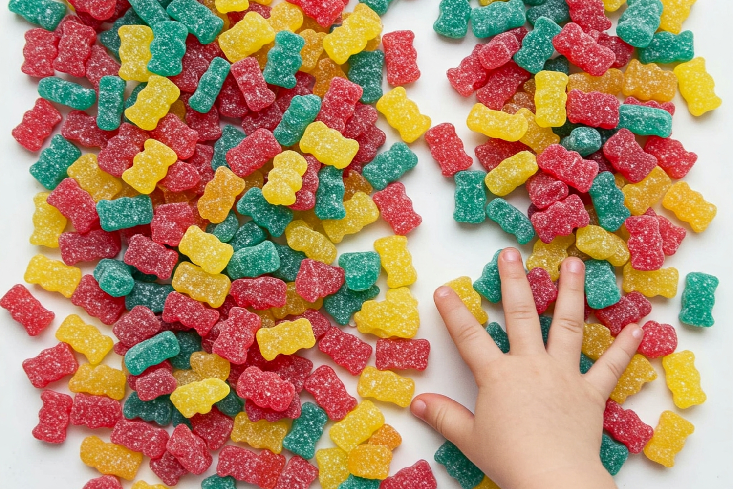 Colorful children's gummy vitamins displayed next to similar-looking gummy candies on a white surface, highlighting the dangerous resemblance that can lead to accidental overdose.
