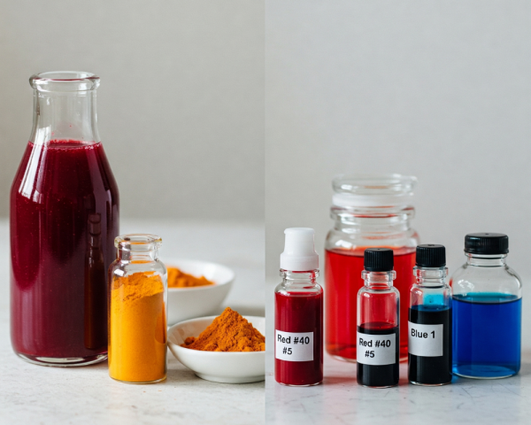The Color Source Difference Natural food colorants (beet juice, turmeric, carrot extract) displayed alongside artificial food dyes used in children's vitamins.