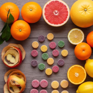 Organic Plant-Based Supplement Ingredients Organic ingredients for vegan gummy supplements including citrus fruits apples and natural plant-based materials