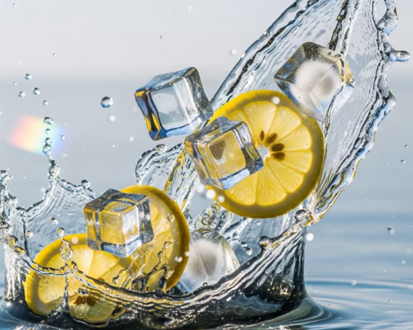 Electrolyte Balance Visualization Refreshing water splash with ice cubes and citrus in bright sunlight