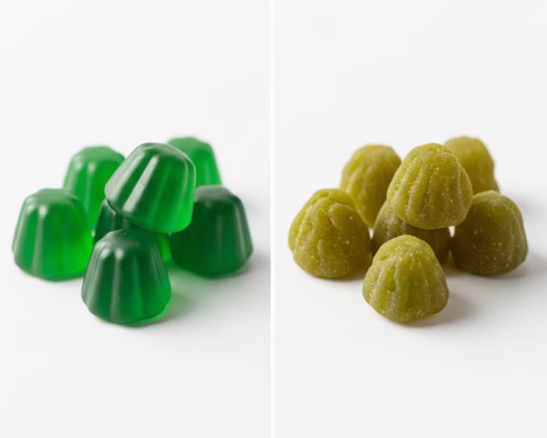 Premium vs Low Quality Matcha Gummies Side by side comparison of vibrant green premium matcha gummies versus dull colored inferior products showing quality differences