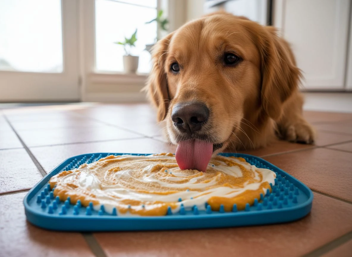 A dog licking a frozen supplement mixture off a silicone lick mat on a tile floor.