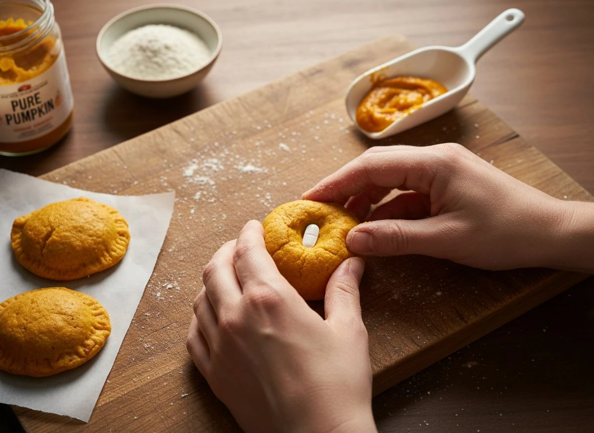 Hands shaping a homemade pumpkin-based dough ball around a pill on a wooden cutting board.