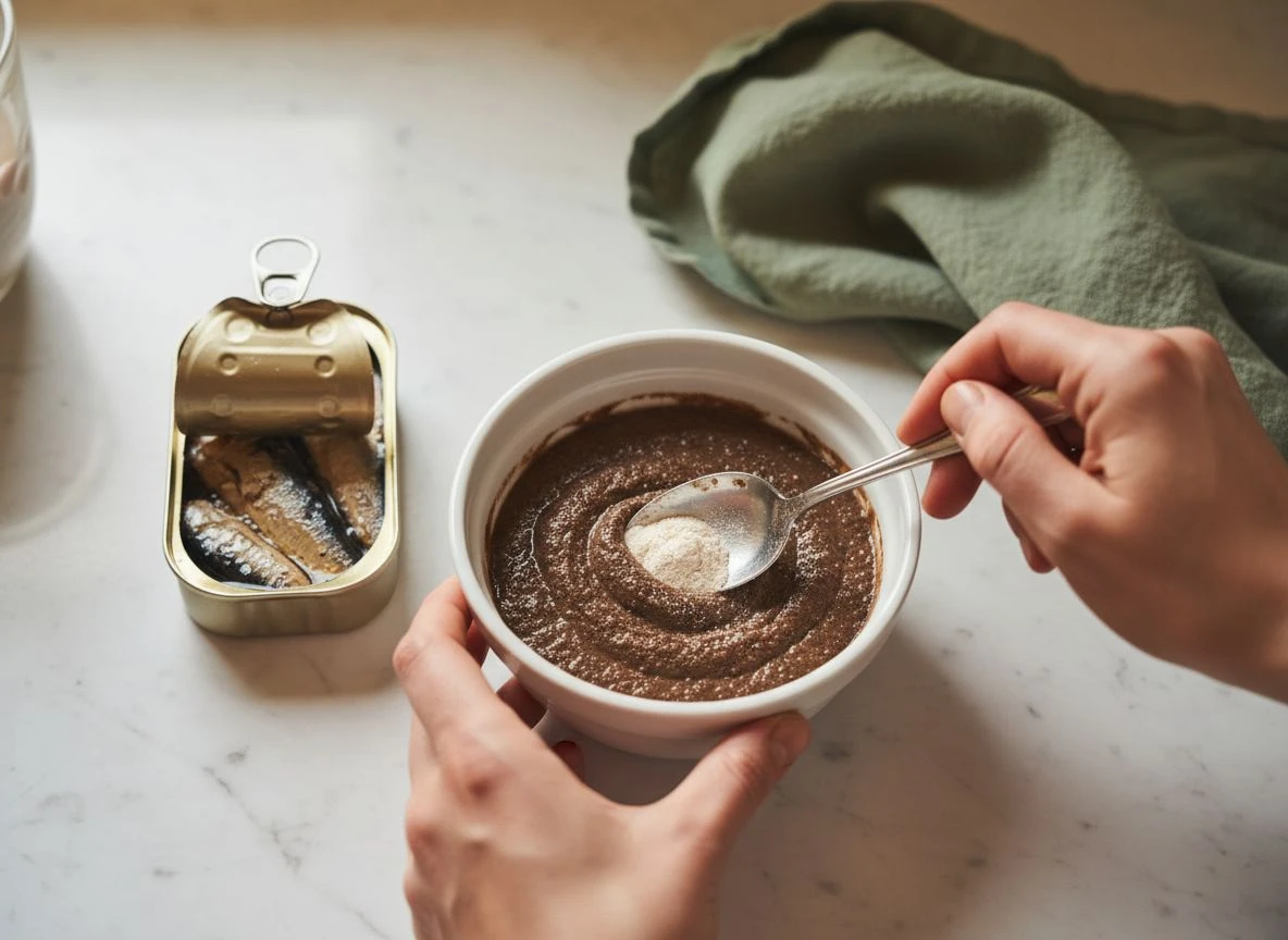 A person's hands thoroughly mixing a powdered pet supplement into a bowl of smooth pâté dog food on a marble counter.