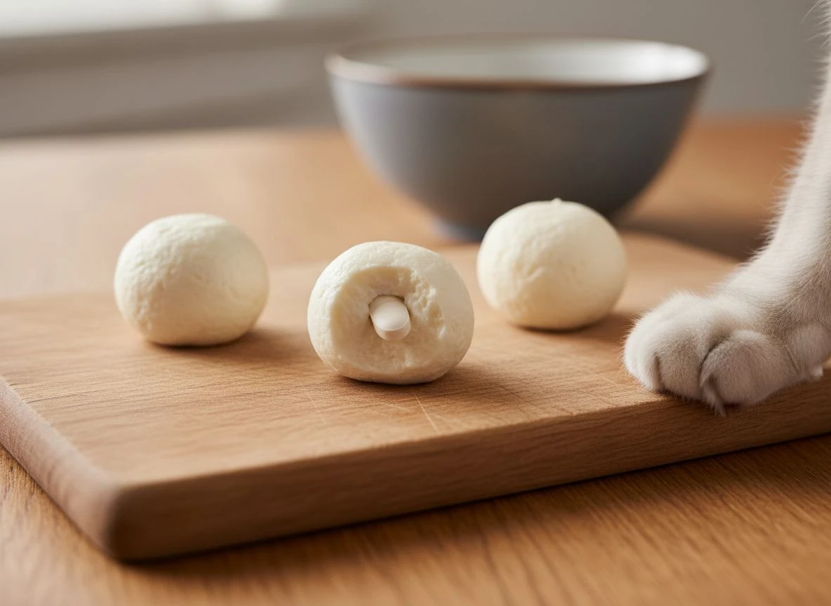 Three cheese meatballs on a cutting board, one cut open to show a hidden pill, with a dog's paw nearby.