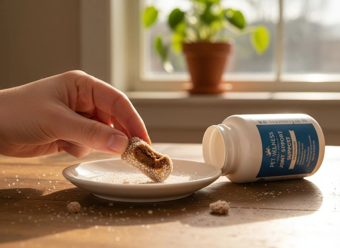 A hand holding a rejected pet supplement chew on a dish, with the bottle nearby on a wooden kitchen table in morning light.