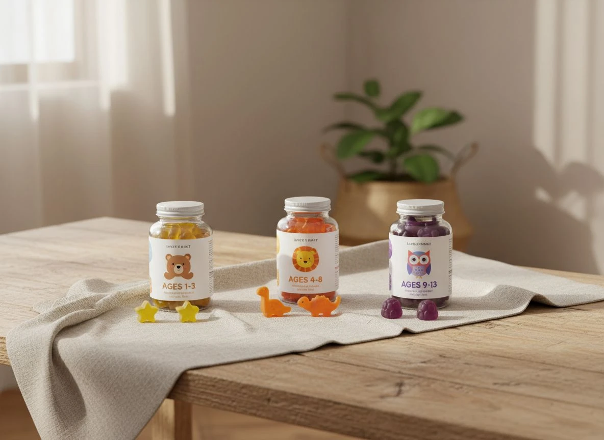 Three bottles of gummy vitamins for different age groups arranged side-by-side on a linen cloth.