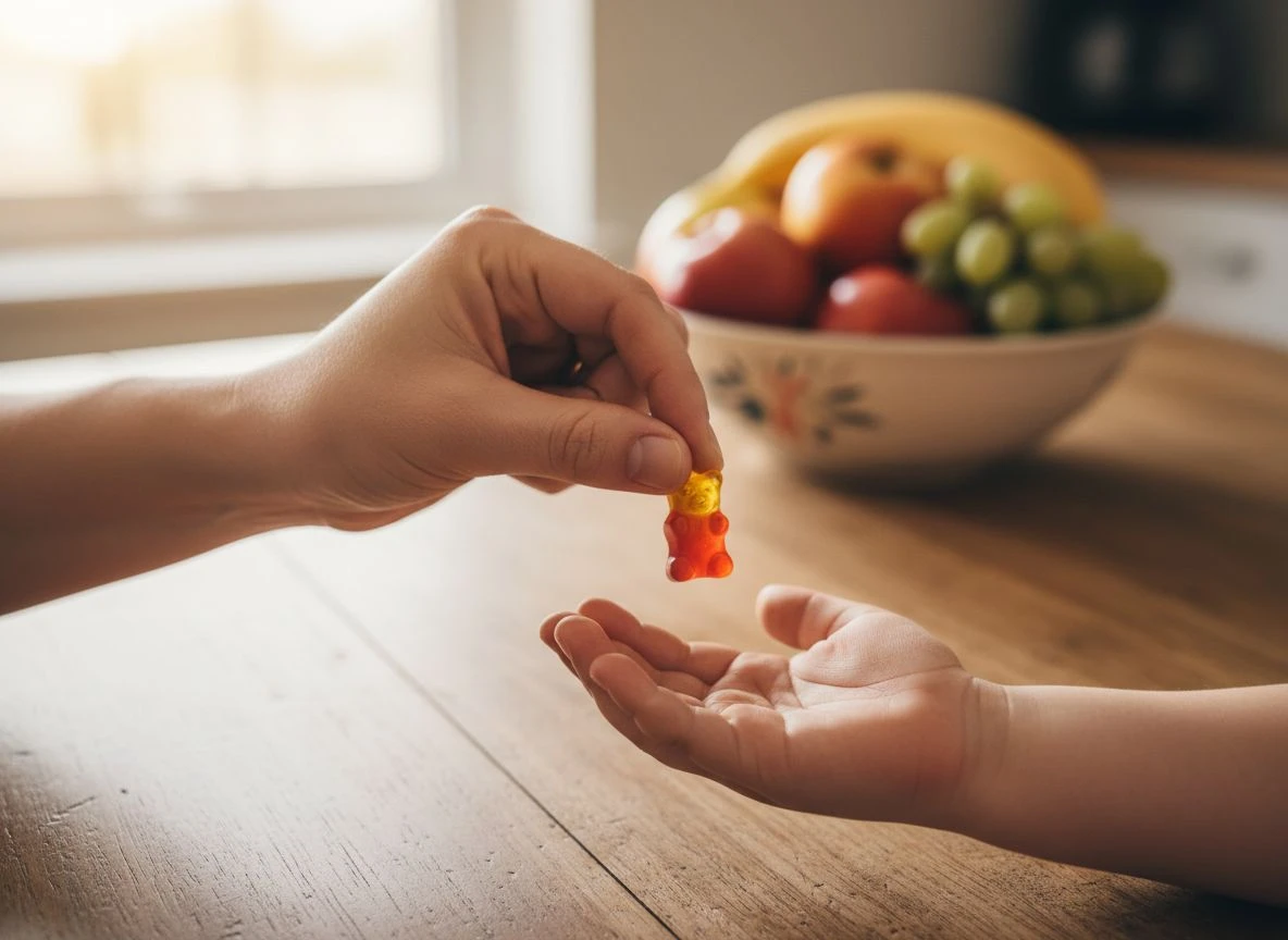 An adult's hand places one gummy vitamin into a child's open palm on a wooden kitchen table, illustrating supervised dosing.