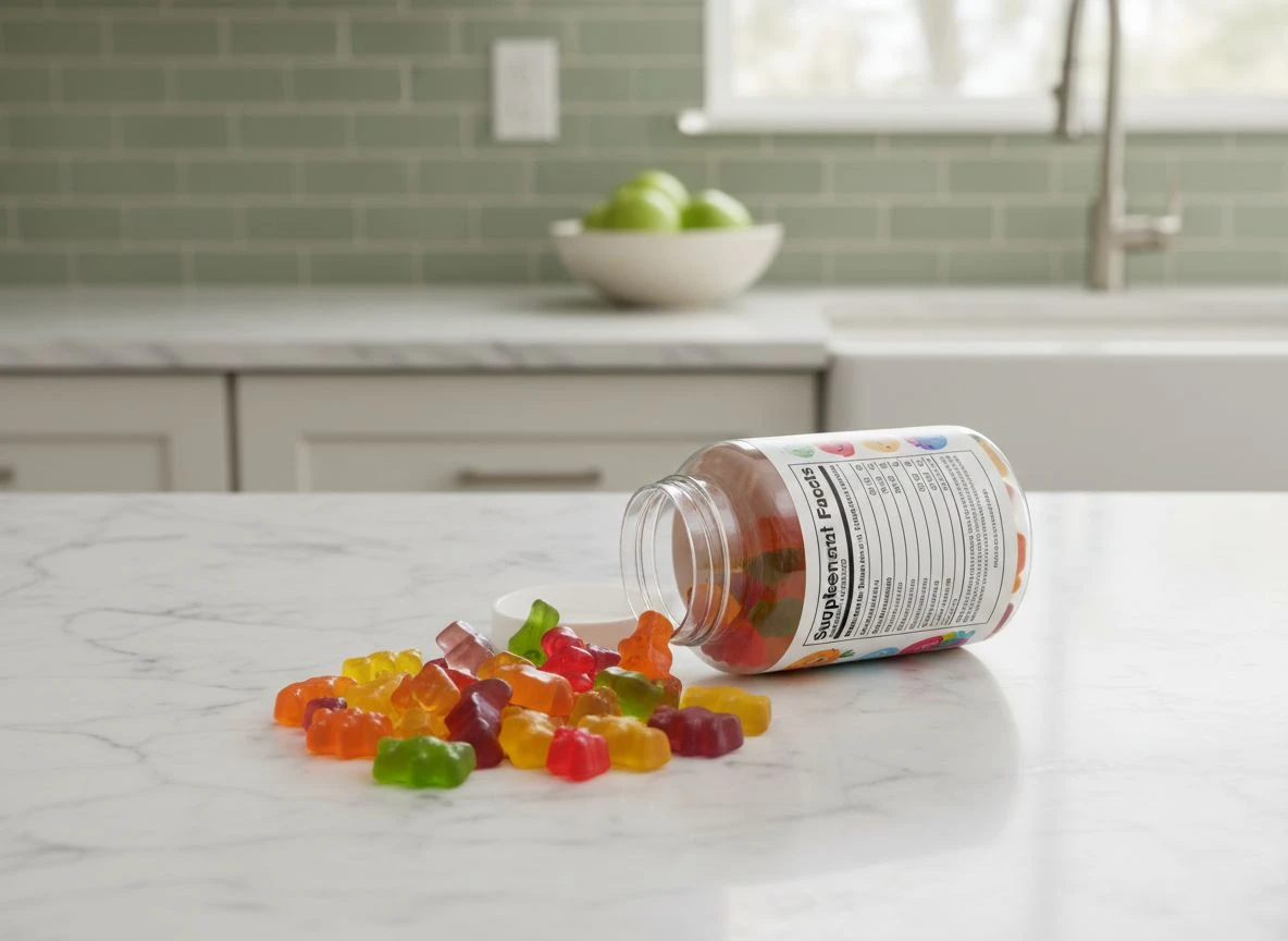 Overhead view of colorful gummy vitamins and their bottle's ingredient list on a marble countertop.