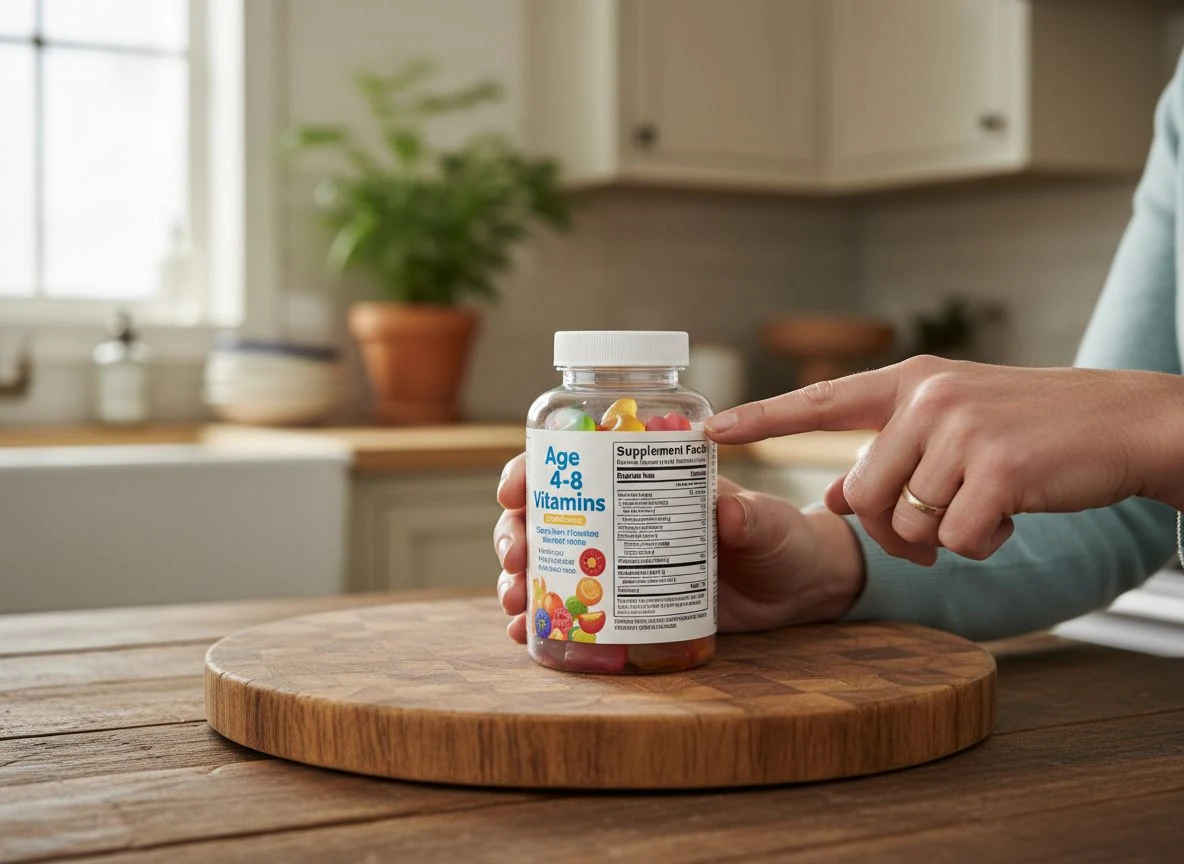 A parent's hands hold a children's vitamin bottle, pointing to the age range on the label.