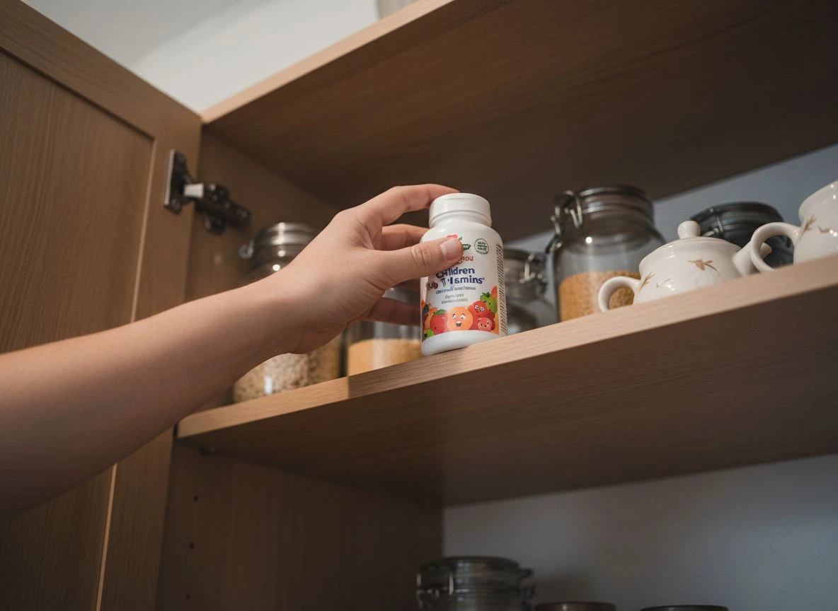 An adult's hand stores a gummy vitamin bottle on a high shelf inside a kitchen cabinet.