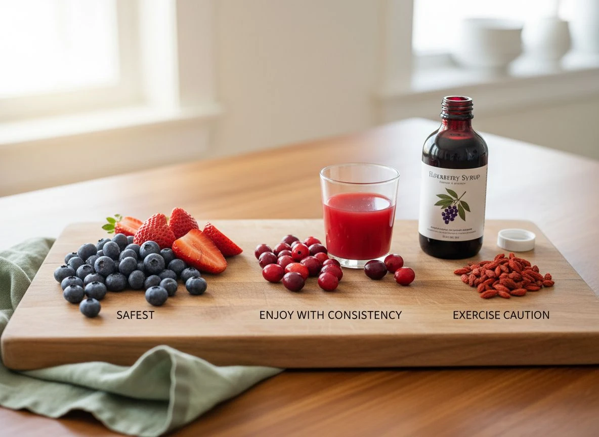 A wooden cutting board displays a spectrum of berries from safe blueberries to cautious elderberry syrup, visually guiding blood thinner users.