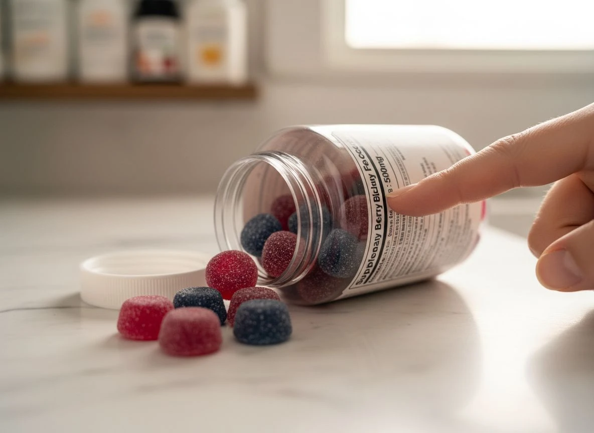 A close-up of a berry gummy bottle label with a finger pointing to the vague 'Proprietary Berry Blend' ingredient listing, with gummies spilled nearby.