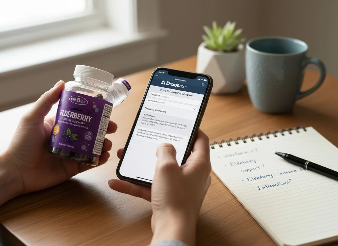 Hands checking a drug interaction website on a phone while holding a bottle of berry gummies, with a notepad for notes on a wooden desk.