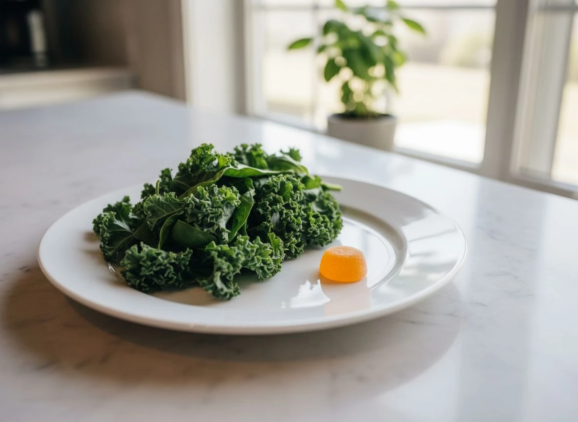 Fresh kale and spinach leaves next to a single orange gummy on a white plate, illustrating the contrast between whole food Vitamin K sources and supplements.