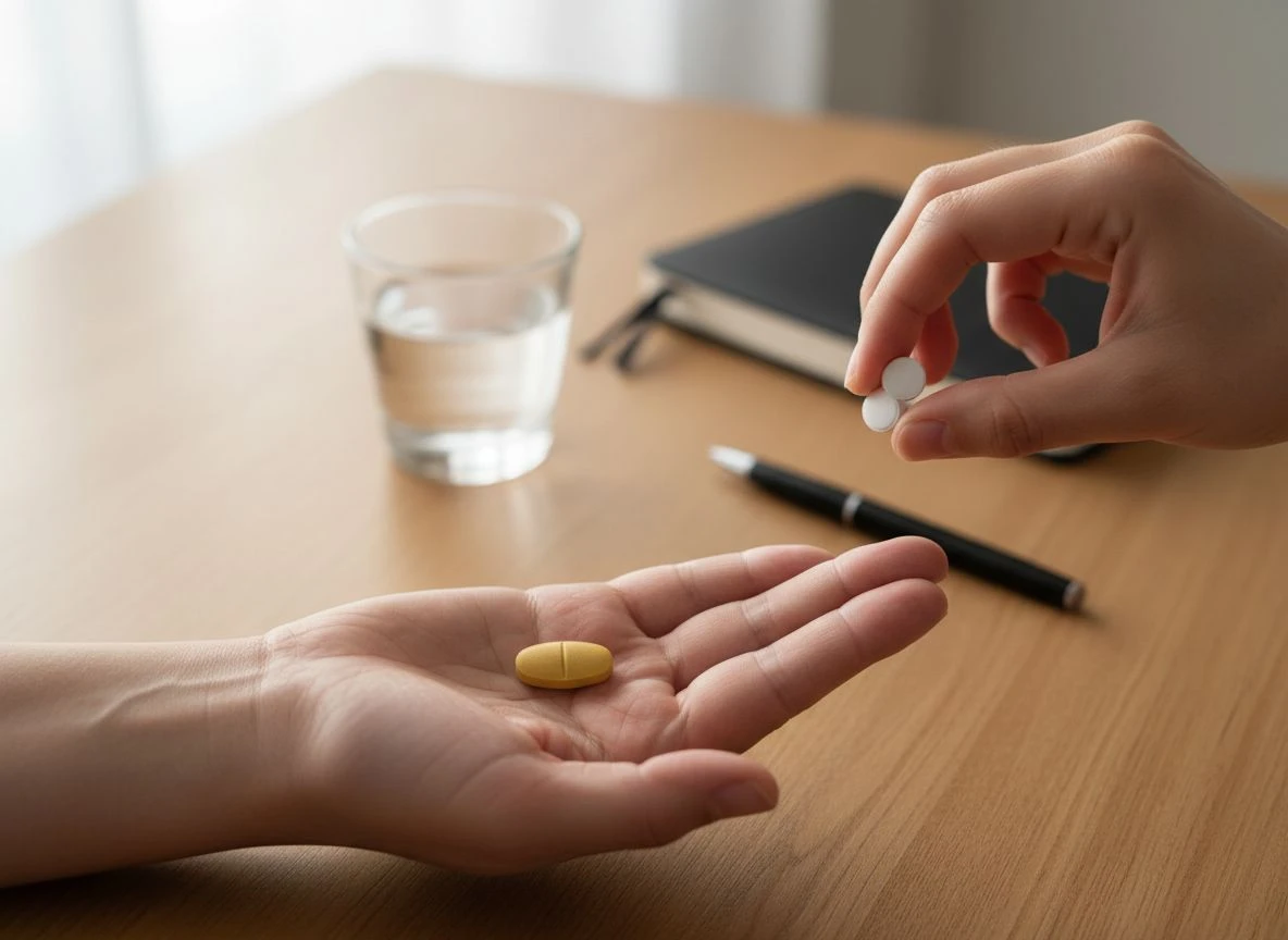 Two hands on a wooden table, one holding a warfarin pill and the other holding two smaller DOAC pills, illustrating the two main classes of blood thinners.