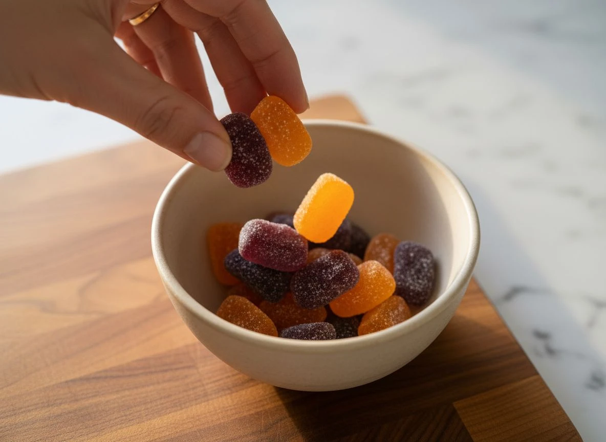 Colorful gummy vitamins being poured from a hand into a ceramic bowl on a marble surface.