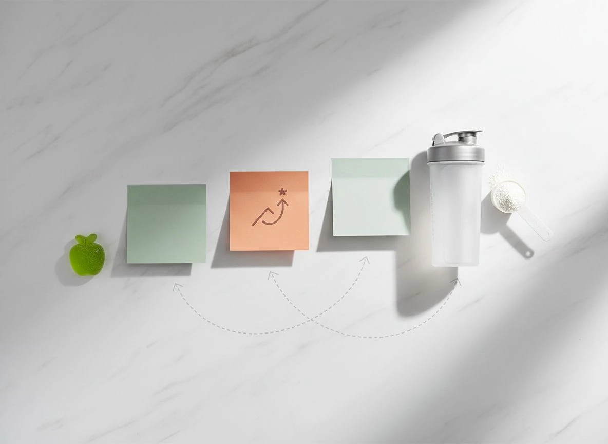 Three notes showing habit formation timelines of 18, 66, and 254 days on a marble surface with supplement props.