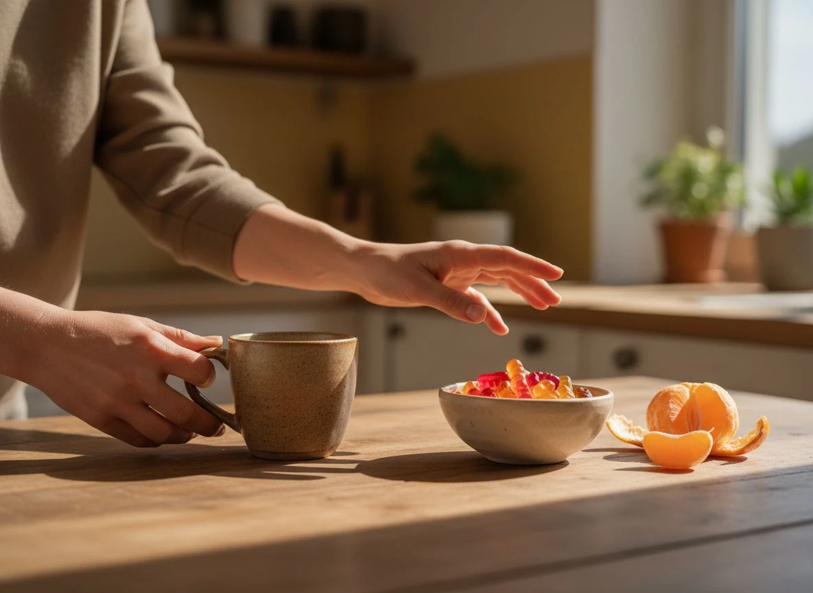 A person's hands reaching for gummy vitamins next to a coffee cup on a wooden table, illustrating a habit loop.
