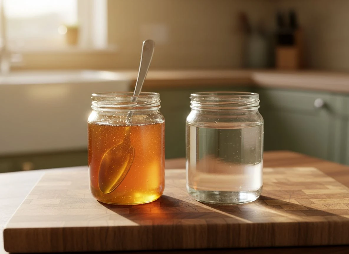 Two glass jars, one with thick honey and one with water, on a wooden board illustrating the concept of habit viscosity.