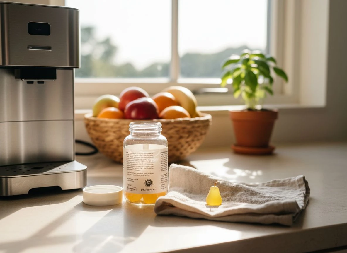 An open bottle of gummy vitamins and a single gummy placed next to a coffee machine on a kitchen counter.