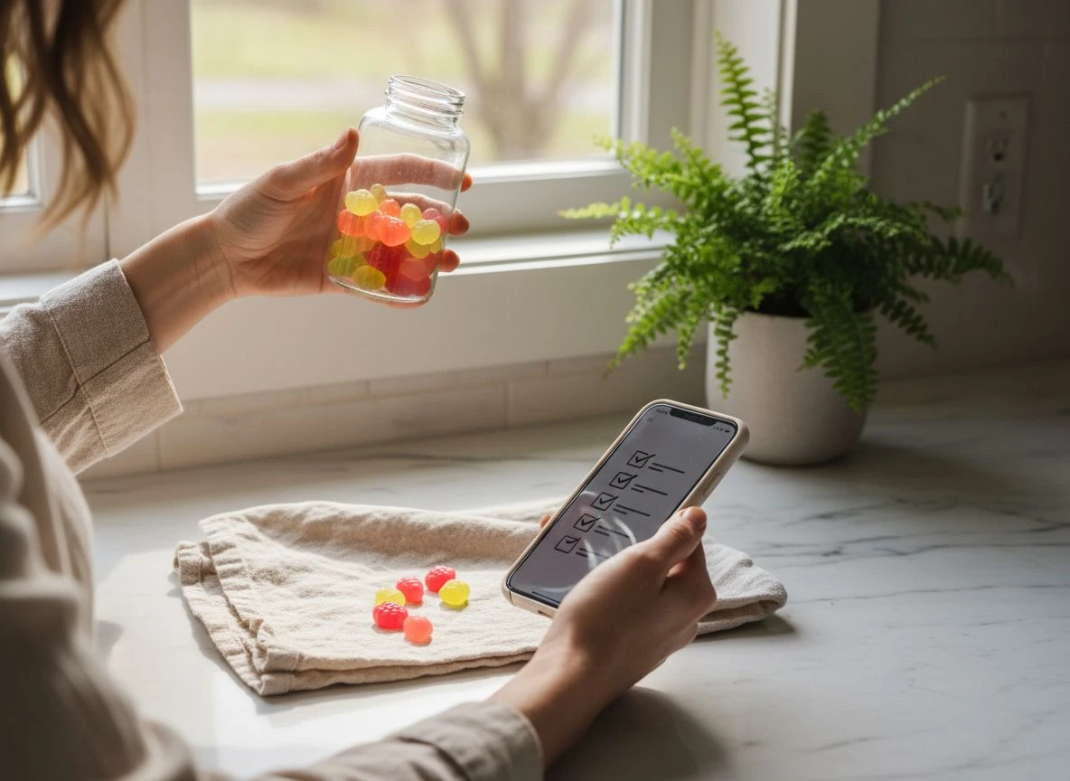 Hands holding a bottle of gummy vitamins up to a window light, with a smartphone showing a checklist nearby.