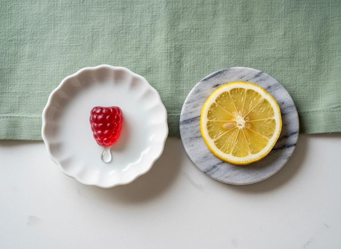 A close-up comparison of a berry gummy and a lemon slice on ceramic and marble, representing acidic content.