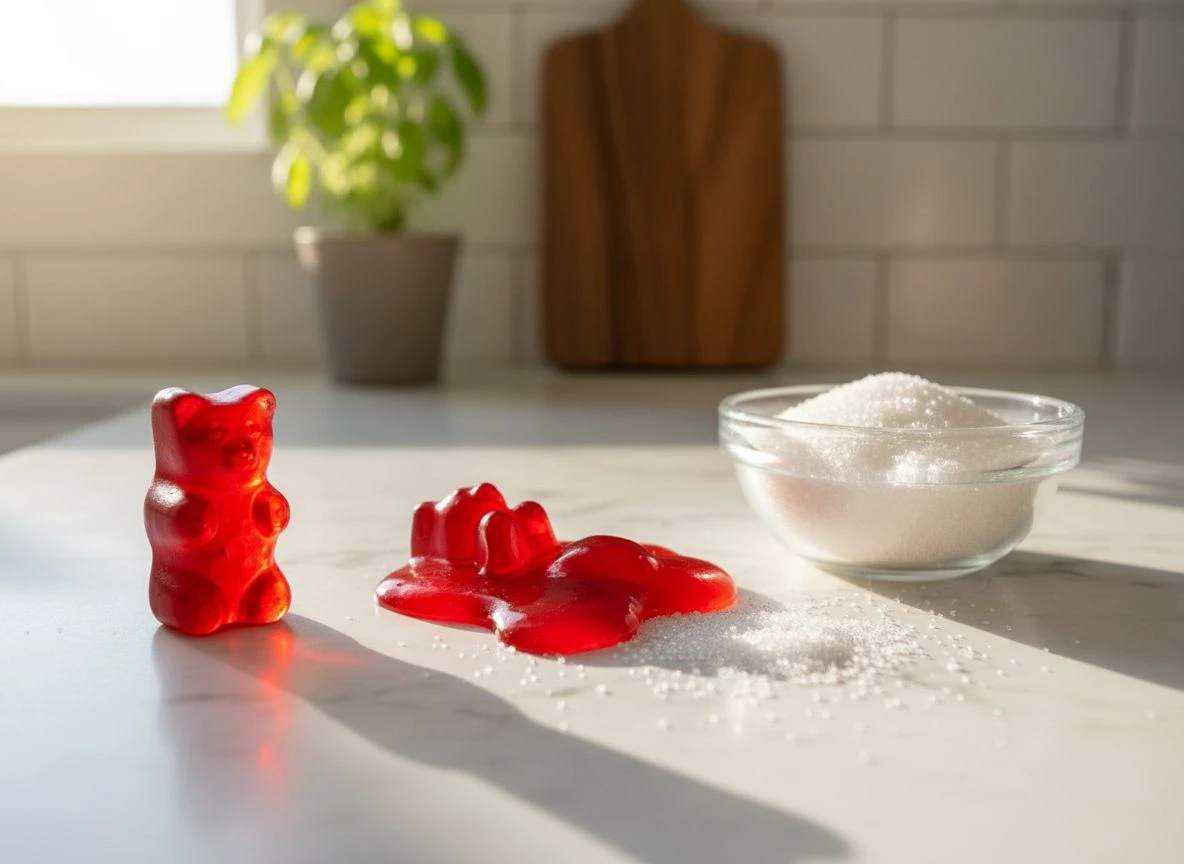 A plump gummy bear next to a melted one, with granulated sugar on a marble counter, illustrating sugar's structural role.