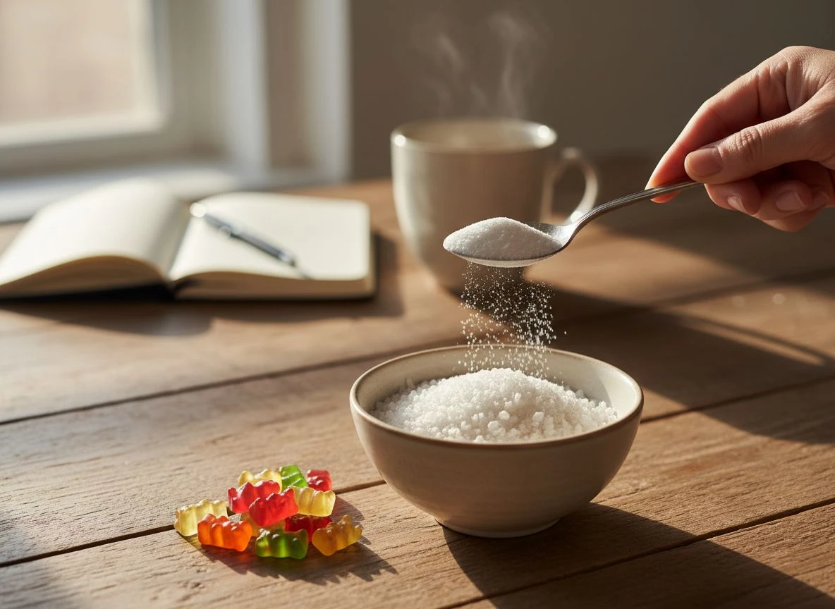 A hand sprinkling stevia powder into a bowl of erythritol with gummy bears nearby on a wooden table.