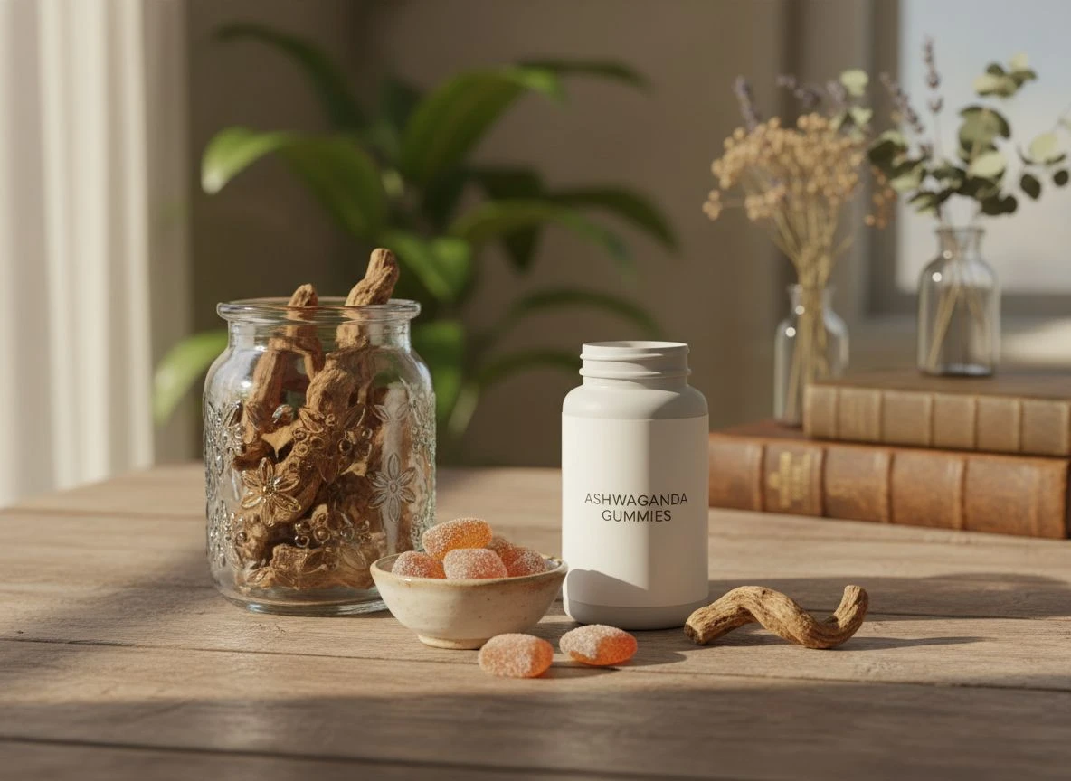 A vintage apothecary jar of dried ashwagandha root next to a modern bottle of ashwagandha gummies on a wooden table