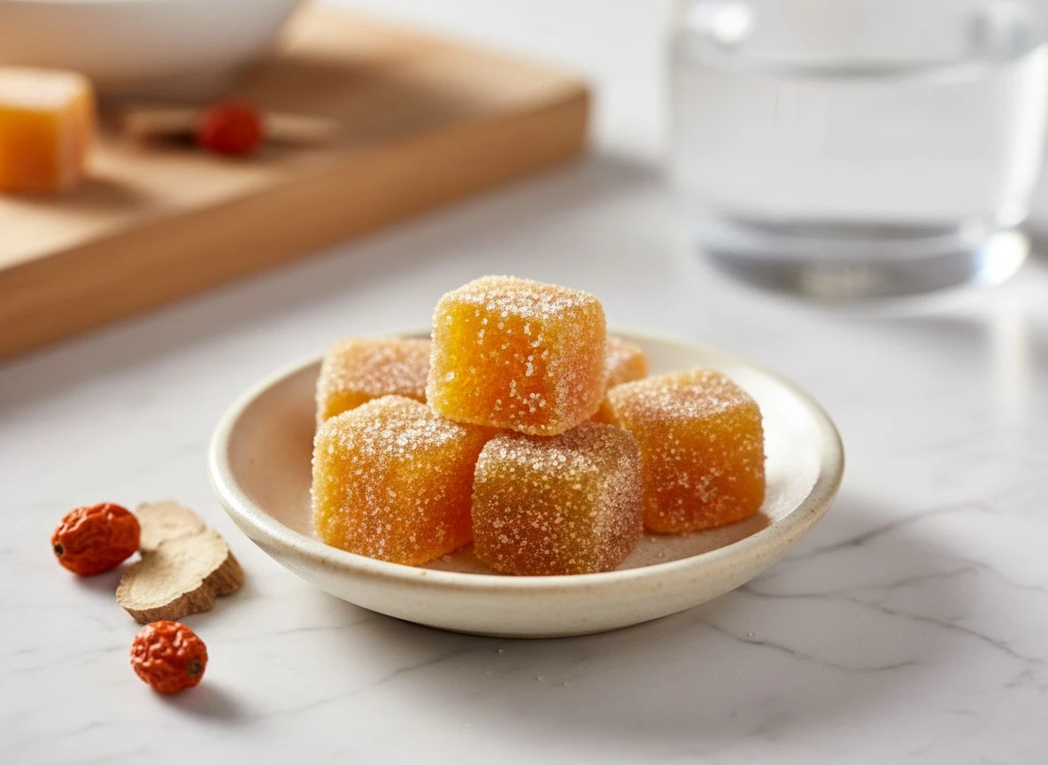 Close-up of ashwagandha gummies cut in half next to dried ashwagandha berries on a marble counter