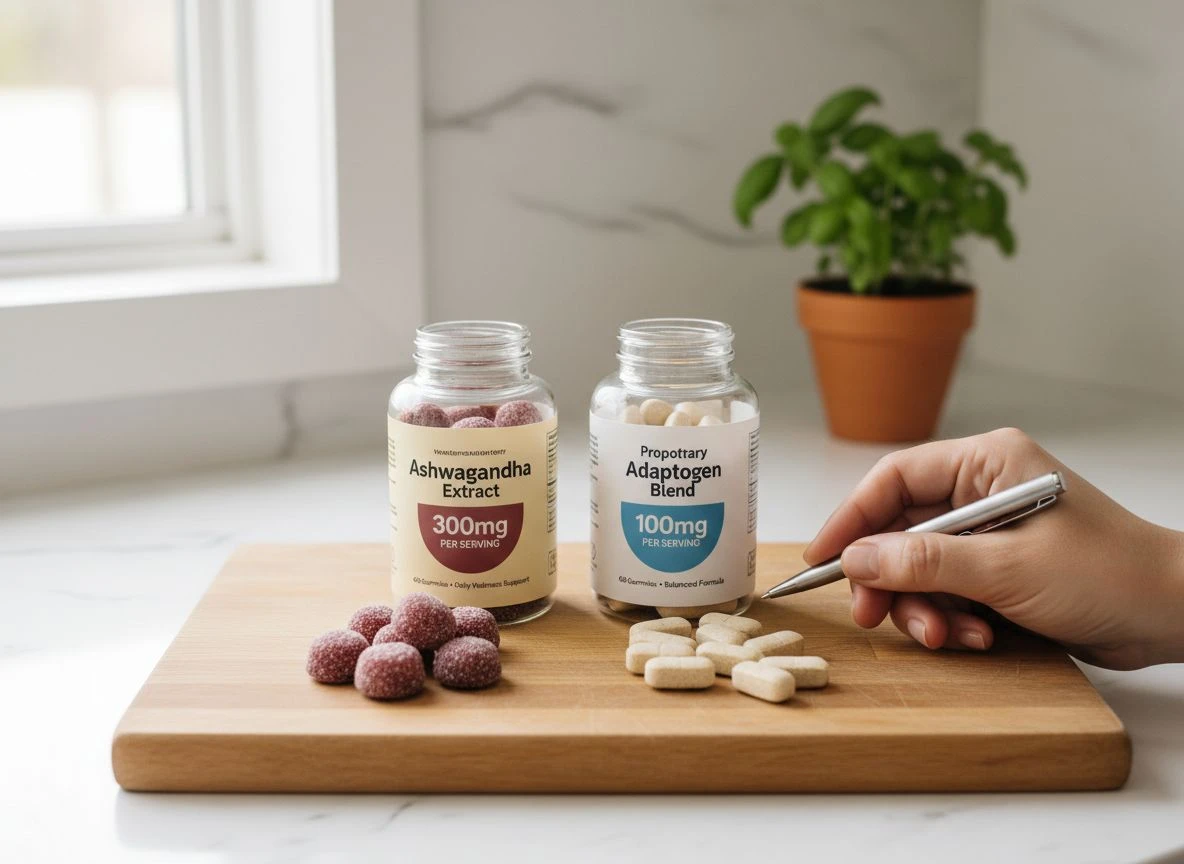 A hand points to a clear supplement label dosage, comparing it to a bottle with a vague proprietary blend label