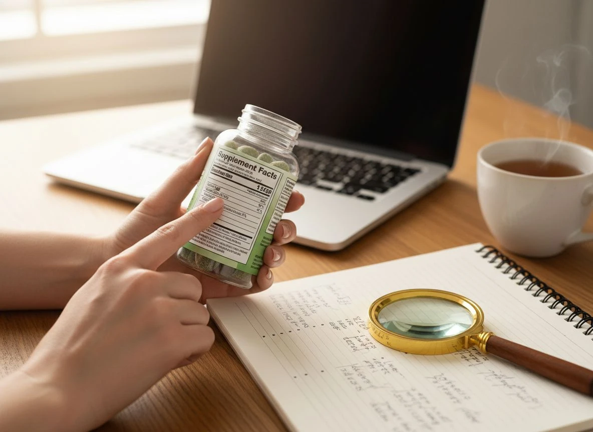 Hands examining the supplement facts label on a bottle of adaptogen gummies with a notebook nearby