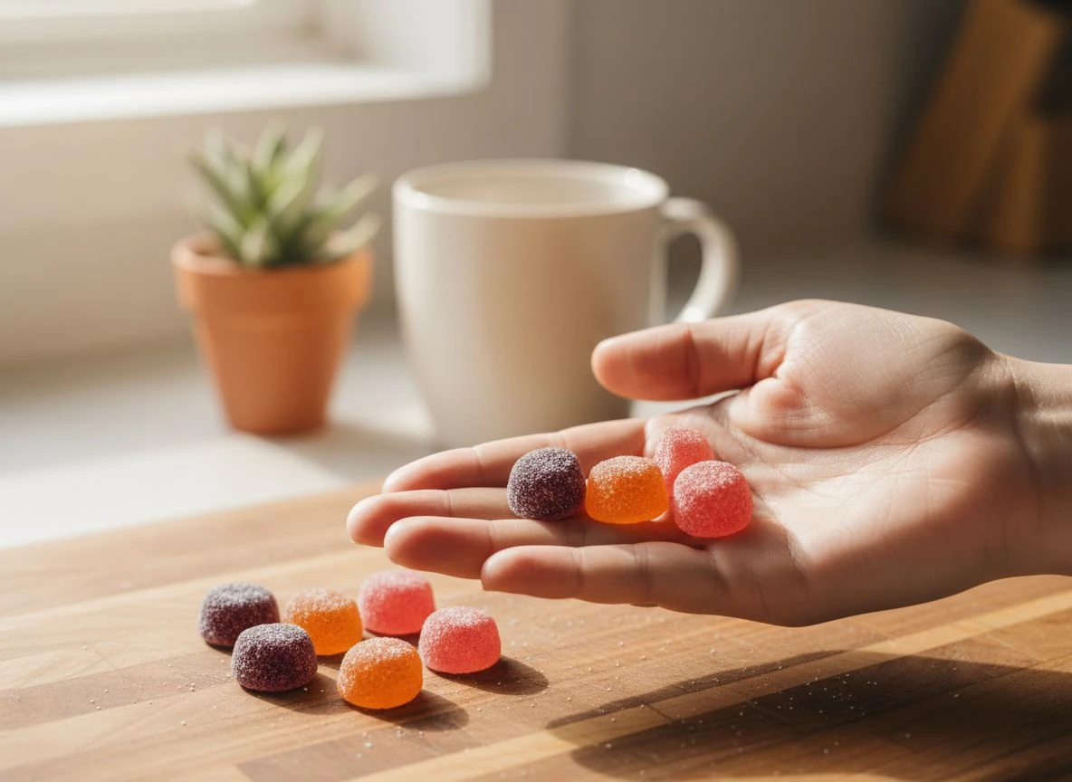 Hand holding colorful beauty gummies on a wooden cutting board in a sunny kitchen, showing texture and scale
