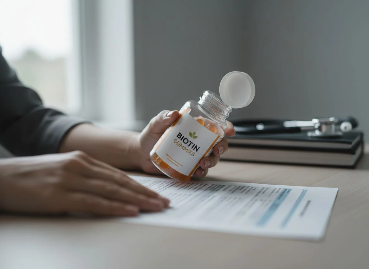 Hands holding a biotin gummy bottle next to a medical lab test result form on a desk