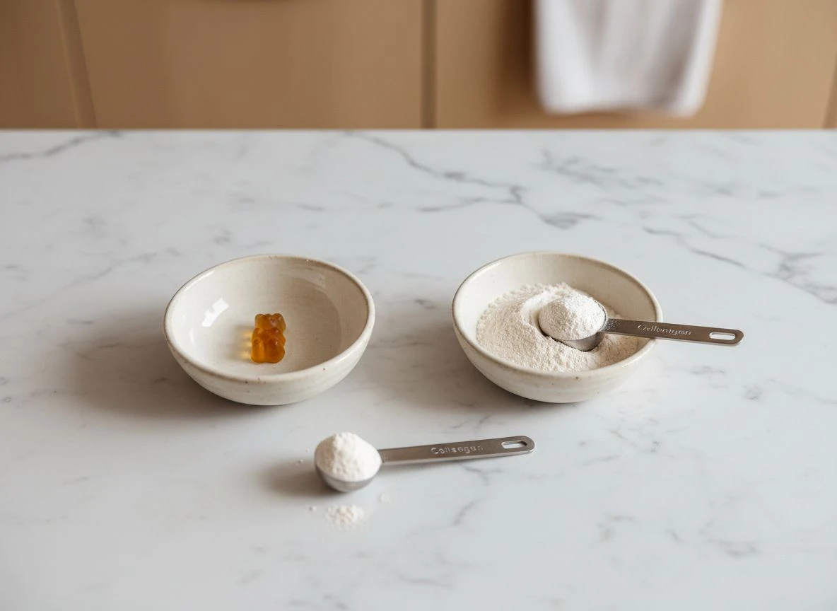Overhead comparison of one collagen gummy versus a full scoop of collagen powder on a marble counter