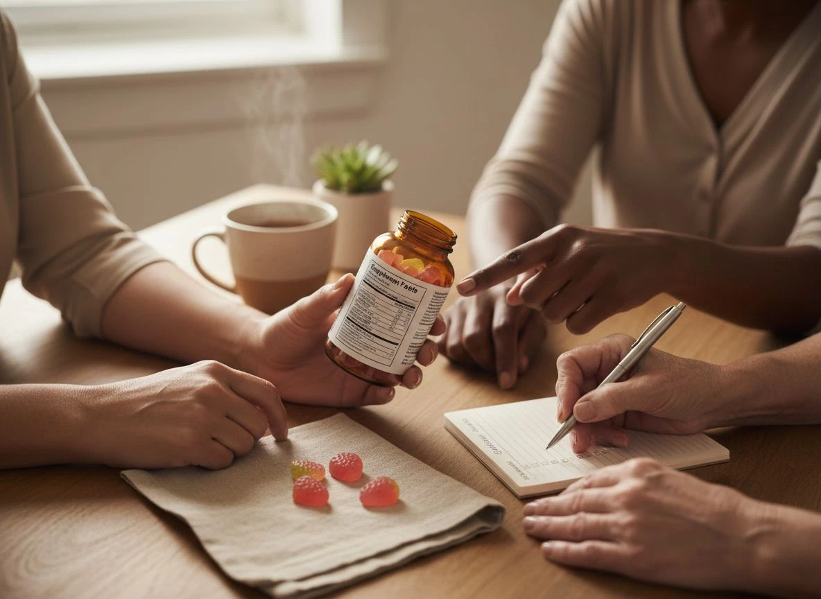 Diverse hands examining the label of a beauty gummy bottle with a checklist notebook on a wooden table