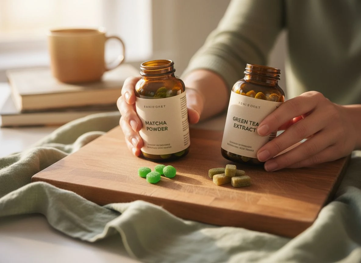 A person's hands comparing ingredient labels on two matcha gummy bottles at a kitchen table.