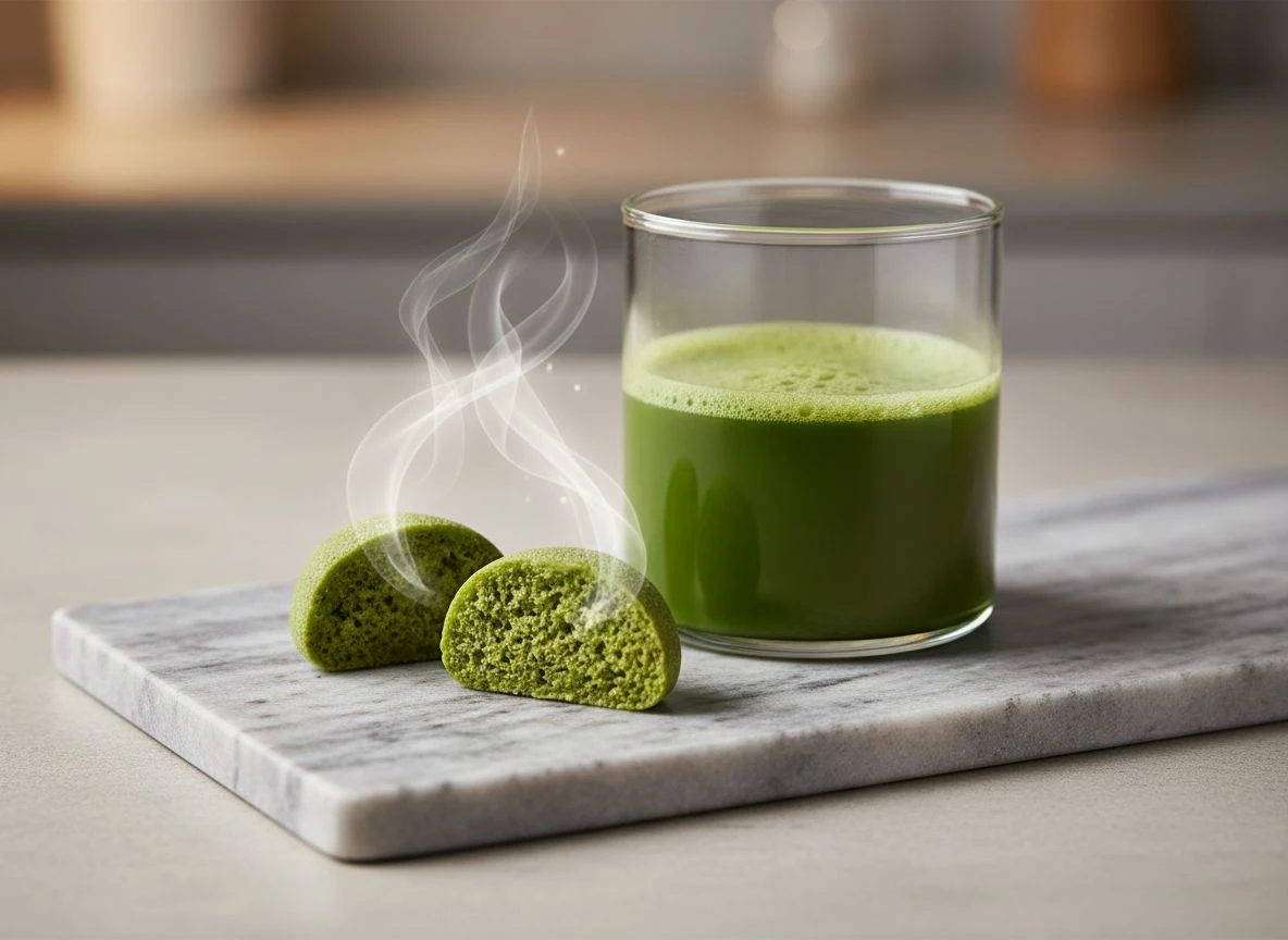 A matcha gummy sliced in half next to a glass of matcha tea, with a visual concept of compound release.