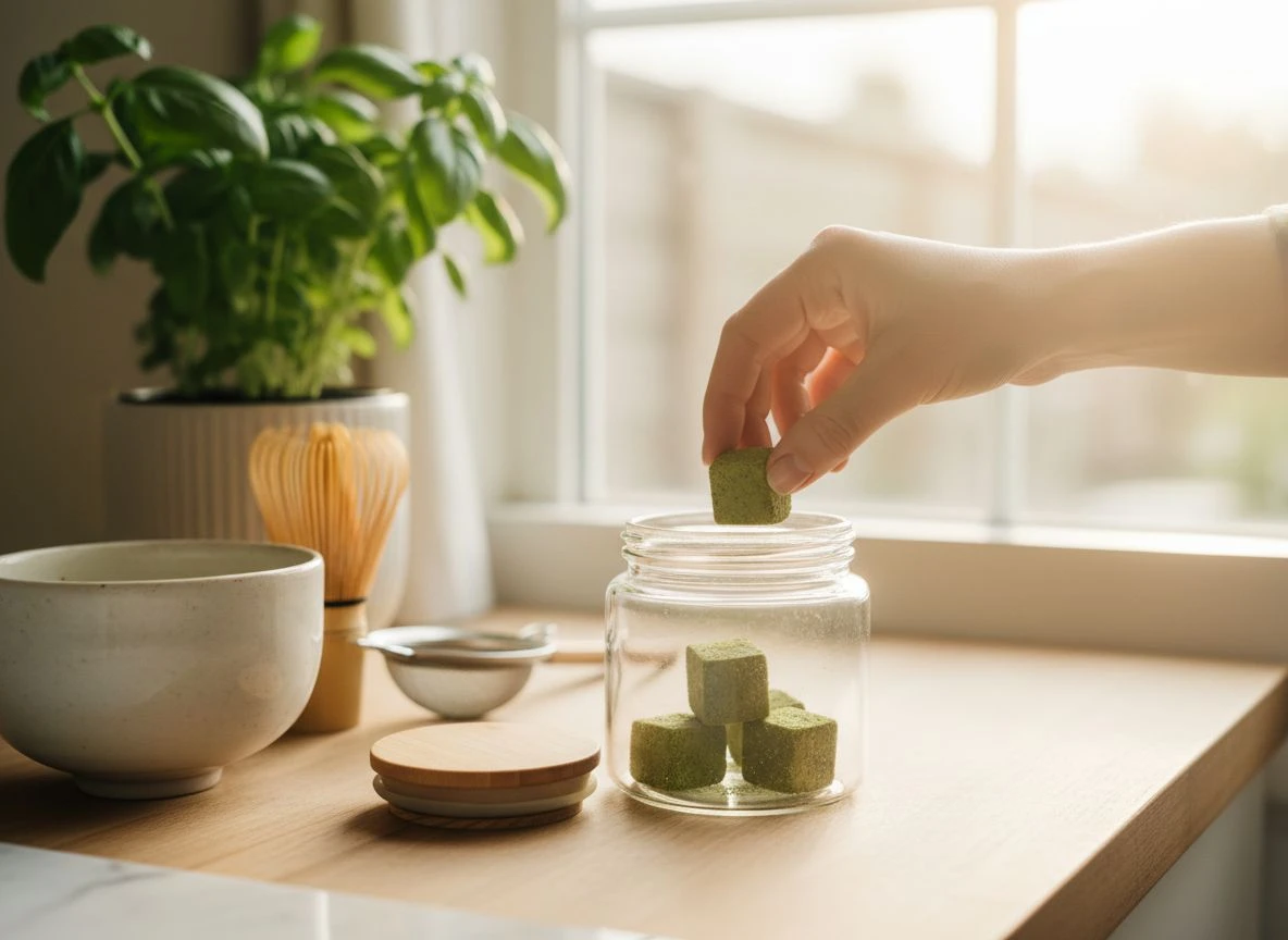 A hand taking a matcha gummy from a jar, with a traditional matcha set blurred in the background on a sunny kitchen counter.