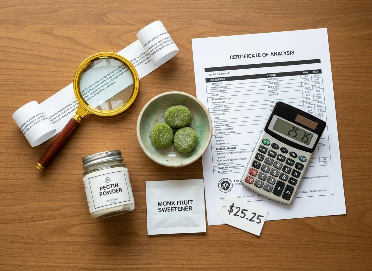 Overhead flat-lay of matcha gummies with vetting tools like a magnifying glass, lab report, and sugar-free sweetener.