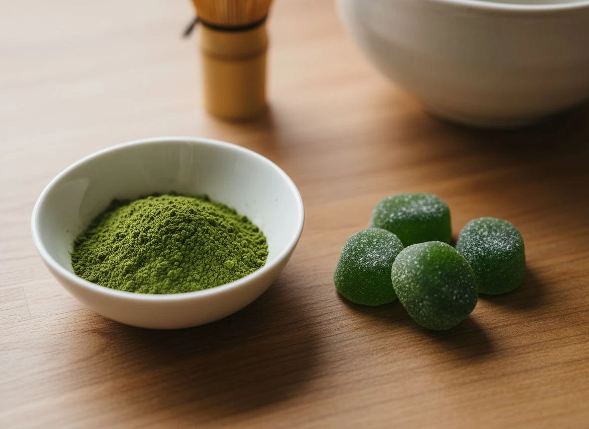 Close-up comparison of bright green matcha powder in a ceramic bowl and several matcha gummies on a wooden kitchen counter.