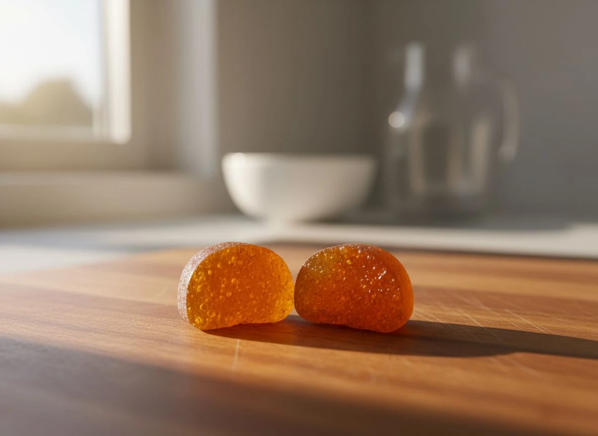 Extreme close-up of a vitamin C gummy cut in half, revealing its internal gel matrix and texture.