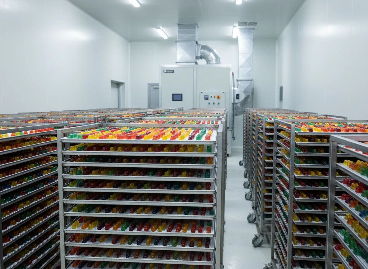 Industrial drying room with trays of gummies and a dehumidifier, showcasing controlled manufacturing.