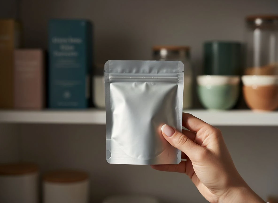 Hand holding a sealed, opaque supplement pouch in a cool, dark pantry, emphasizing proper storage.
