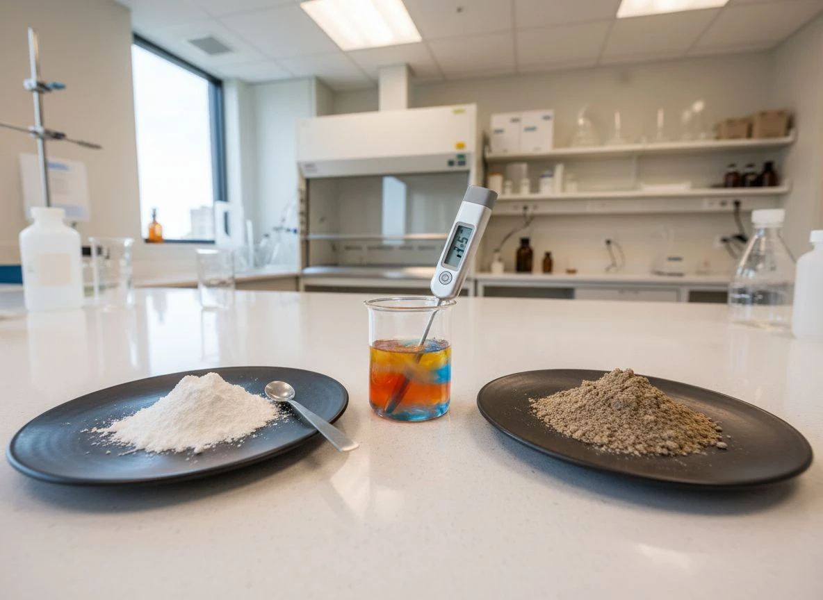 Lab bench with gummy syrup, a thermometer, probiotic powder, and mineral powder, illustrating formulation precision.