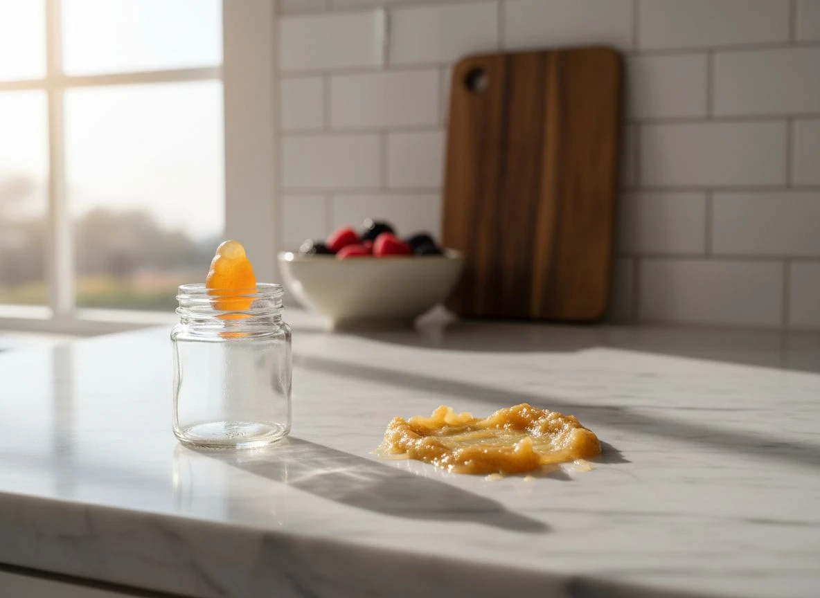 Comparison between a stable vitamin gummy and a melted, failed DIY gummy batch on a marble counter.