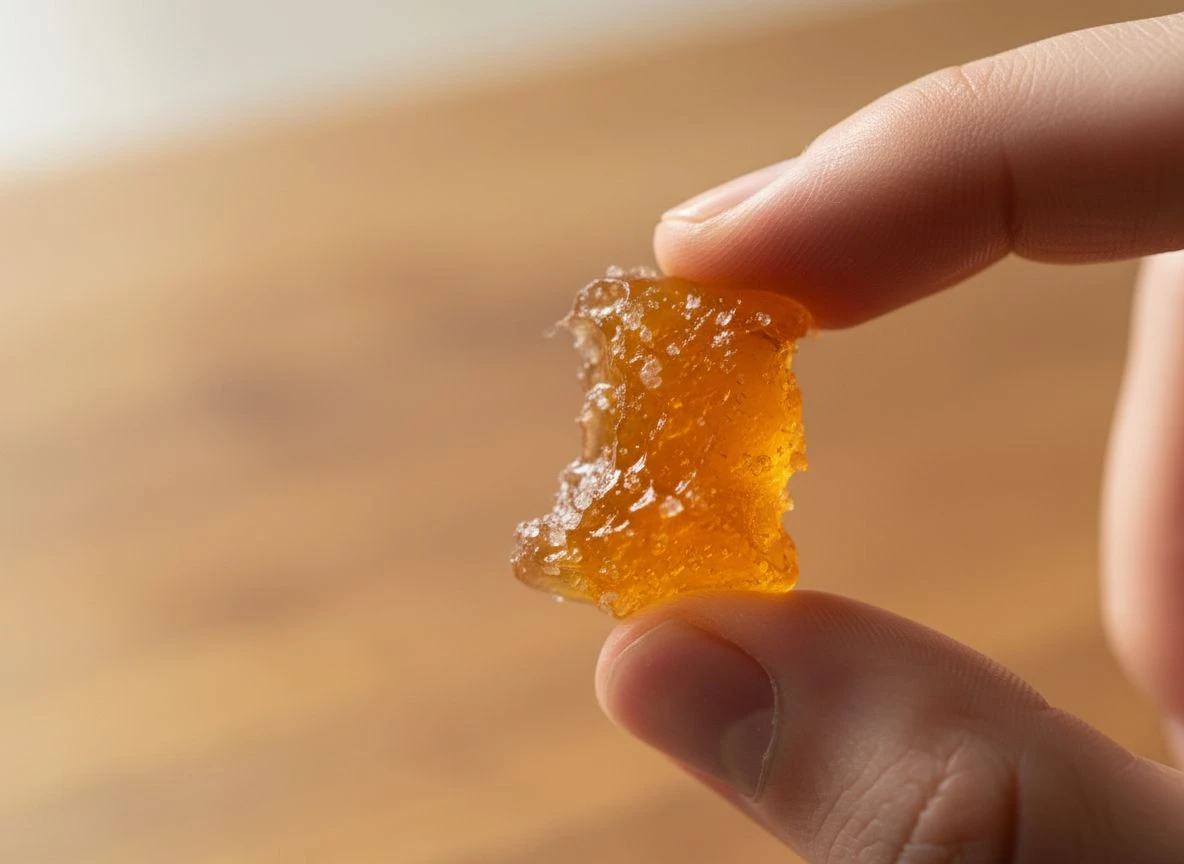 Close-up of a chewed gummy vitamin held in fingers, showing its sticky, dissolved texture