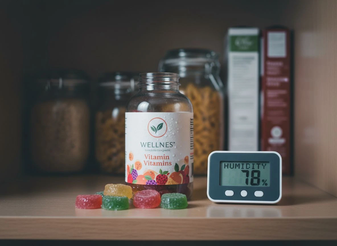 A bottle of gummy vitamins stored in a humid kitchen cabinet next to a hygrometer